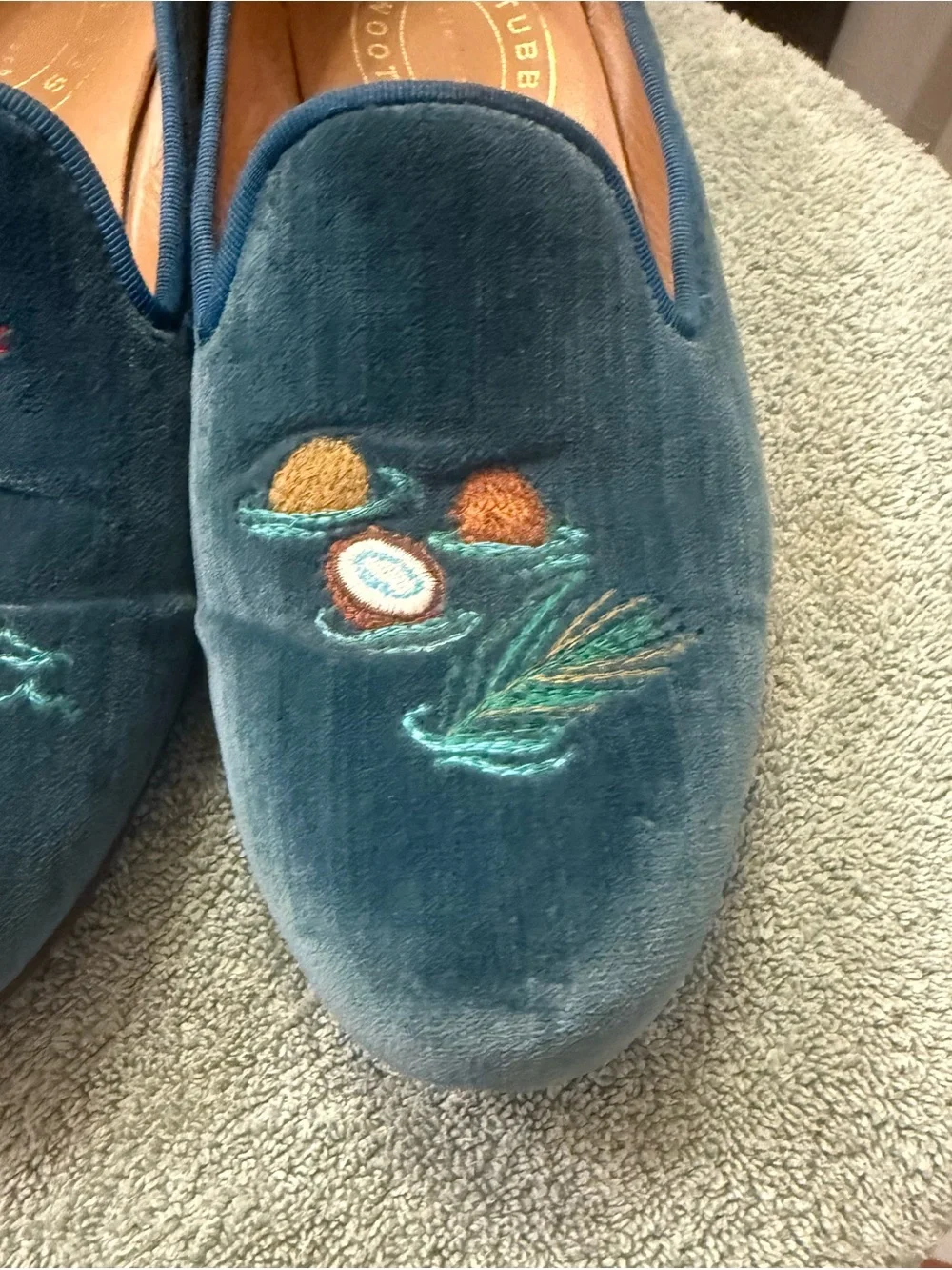 Stubbs & Wootton Blue Velvet Embroidered Smoking Loafers Men’s 9.5 Made Spain